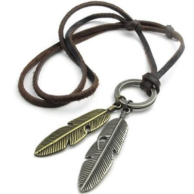 Angel feather pendant (gold/silver) - leather unisex necklace
