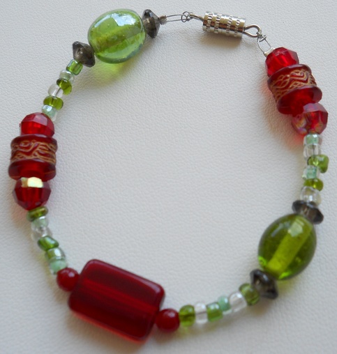 Red, Green and Gray Bead Bracelet