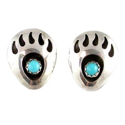Handcrafted bear paw stud earrings in (sterling silver/turquoise)