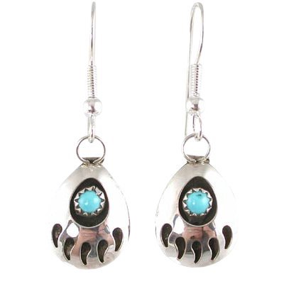 Handcrafted Bear Paw Dangle Earrings in (Sterling Silver/Turquoise)