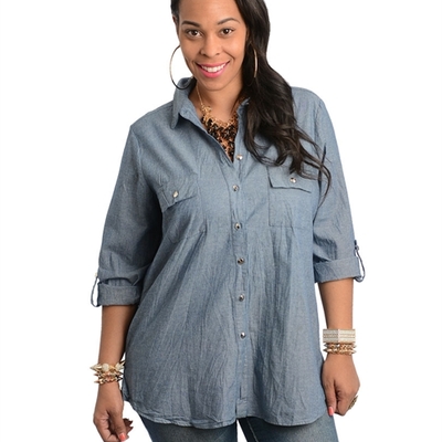Plus size women long-sleeves denim shirt