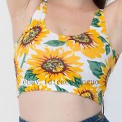 Sunflower print tank top bare-midriff crop cotton spandex
