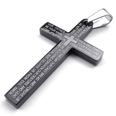 Stainless steel lords prayer cross pendant necklace in black-unisex