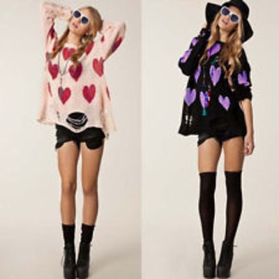 Love heart hollow hole sweater loose baggy jumper knit rip pullover