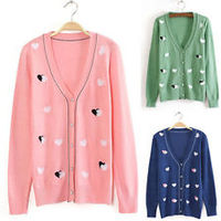 V Neck Love Heart Knit Top Sweater  - Thumbnail 1