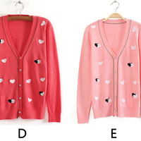 V Neck Love Heart Knit Top Sweater  - Thumbnail 2