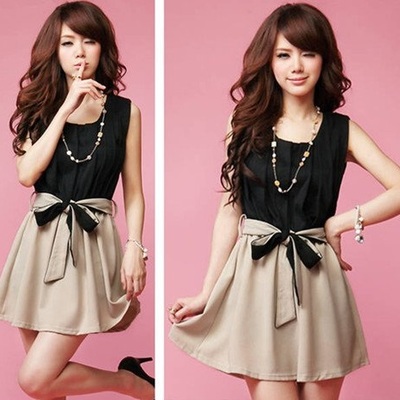  sleeveless chiffon casual mini dress with belt bowtie