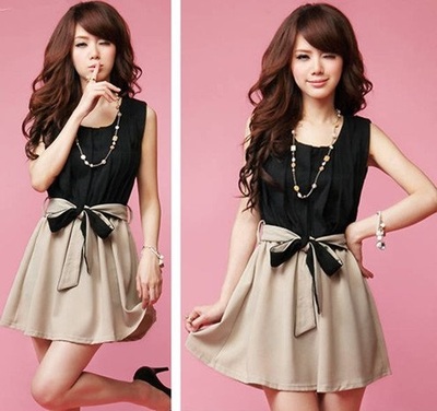  sleeveless chiffon casual mini dress with belt bowtie