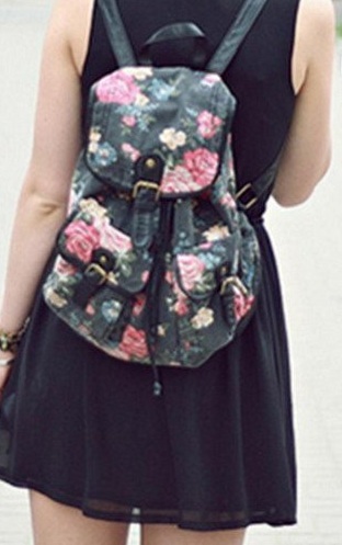Floral black canvas backpack 