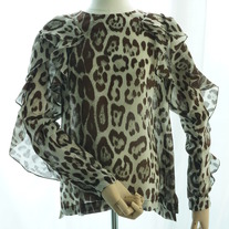 *Special price* Leopard-print blouse made of fine herringbone material with ruffle decoration (brown)