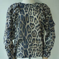 *Special price* Leopard-print blouse made of fine herringbone material with ruffle decoration (blue) - Thumbnail 1