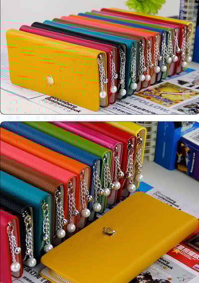 Pearl chain zipper leather purse 