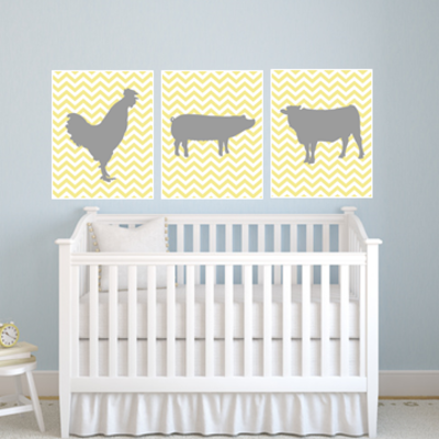 Set of three 8"x10" chevron farm (rooster, pig, cow) animal poster prints / wall art - Thumbnail 5