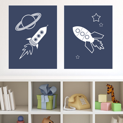 Set of two 8"x10" rocketships with planets / outer space poster prints / wall art - Thumbnail 4