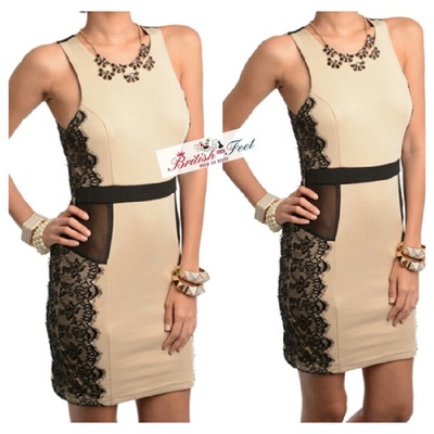 Taupe black mesh and lace bodycon dress