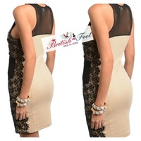 Taupe black mesh and lace bodycon dress - Thumbnail 1