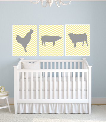 Set of three 11"x14" Chevron Farm (Rooster, Pig, Cow) Animal Poster Prints / Wall Art