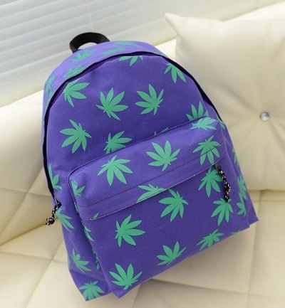 Zipper Harajuku Weed Green Leaves Pattern Backpack Day Bag