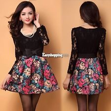  lace splicing painting flower pattern mini sexy dress with belt