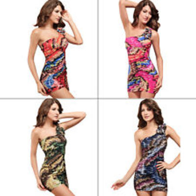 New sexy one shoulder mini dress feather print clubwear party dress 4 colors!