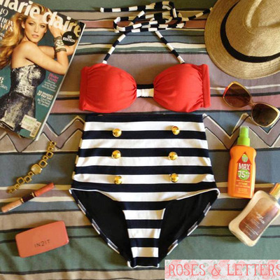 Kelly - retro vintage pin up handmade red black white stripes high waist bikini swimsuit swimwear