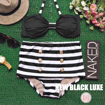 Black luxe - retro vintage pin up handmade black white stripes high waist bikini swimsuit swimwear
