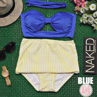Blue - retro vintage pin up handmade blue yellow white abstract cut out bandeau high waist bikini swimsuit swimwear