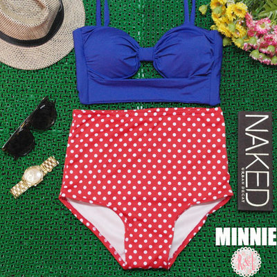Minnie - retro vintage pin up handmade red blue polka dot cut out bandeau high waist bikini swimsuit swimwear