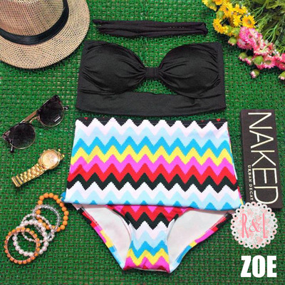 Zoe - retro vintage pin up handmade black colorful zig zag stripes cut out bandeau high waist bikini swimsuit swimwear