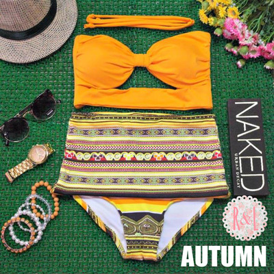 Autumn - Retro Vintage Pin Up Handmade Orange Yellow Abstract Cut Out Bandeau High Waist Bikini Swimsuit Swimwear