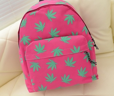 Zipper Harajuku Weed Pink/Green Leaves Pattern Backpack Day Bag