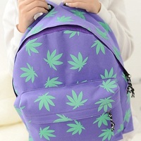 Zipper Harajuku Weed Pink/Green Leaves Pattern Backpack Day Bag - Thumbnail 1