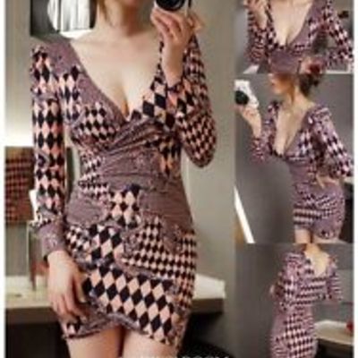 Lady v-neck low-cut long sleeve slim mini skirt dress 