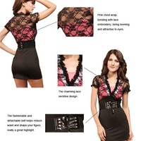Black Red Sexy Mini Dress Belt Lace V-neckline  - Thumbnail 1