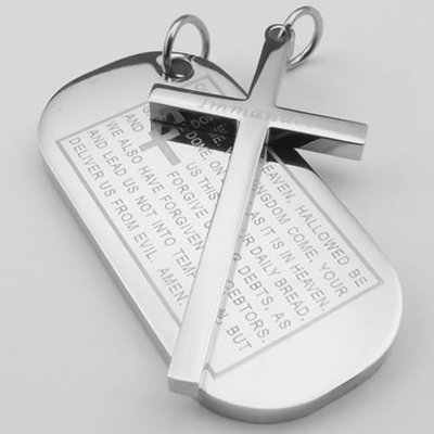 Stainless steel cross dog tag/english lord prayer(2 pc)necklace (silver)-unisex