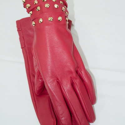 Red leather gold studded fashion gloves