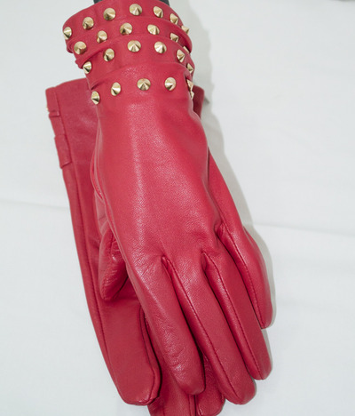 Red Leather Gold Studded Fashion gloves