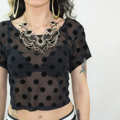 Cropped flocked polka dot tee