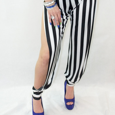 Stripe banded trousers with open sides