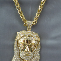 Gold chain with jesus medallion with crystals - Thumbnail 2