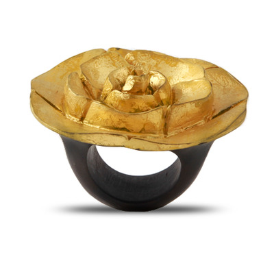 Ebony wood handmade foliage flower 24 karat gold leaf plated ring