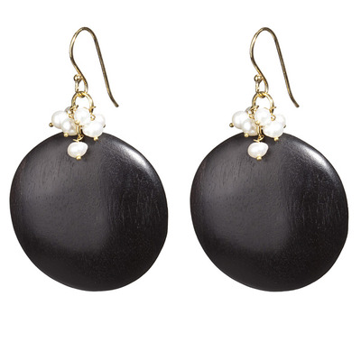 Handmade black ebony wood & sweet water pearls earrings