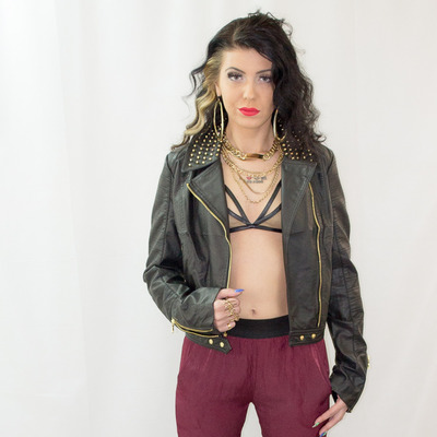 Black faux leather jacket with gold studs