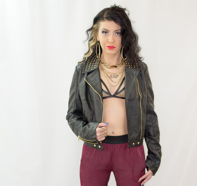 BLACK FAUX LEATHER JACKET WITH GOLD STUDS