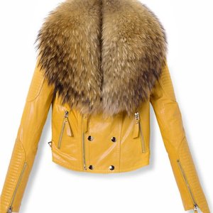 Plus Size Fur Collar Leather Jacket - Thumbnail 1