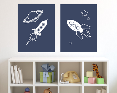 Set of two 11"x14" Rocketships with Planets / Outer Space Poster Prints / Wall Art
