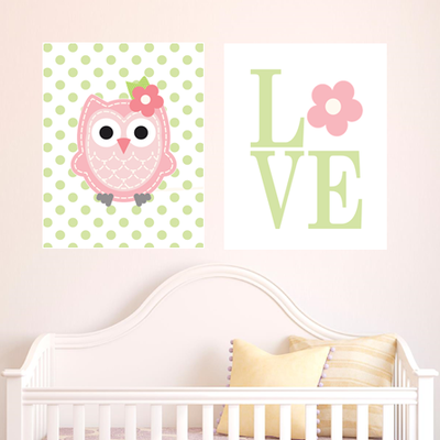 Set of two 11"x14" owl with polka dots and love with heart poster prints / wall art