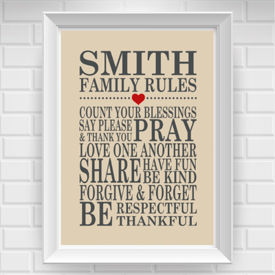 8"x10" personalized family rules poster print / wall art
