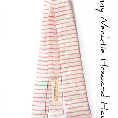 Mens tie skinny necktie - laid-back necktie- pink white stripe linen