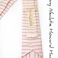 Mens Tie Skinny Necktie - Laid-Back necktie- pink white stripe linen - Thumbnail 2